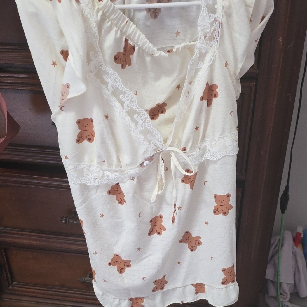 Women's Cream Teddy-Print Lace Trim Nightdress